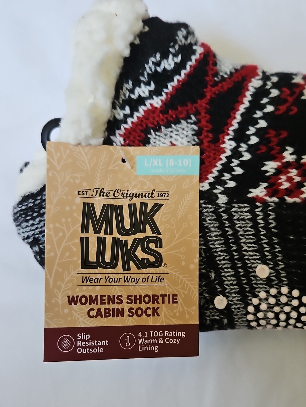 Muk Luks Black, White & Red Knit Sherpa-Lined Cold Weather Cabin Shortie Socks